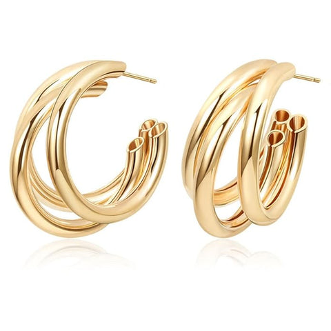 Earrings -  Triple Hoop Gold Earrings