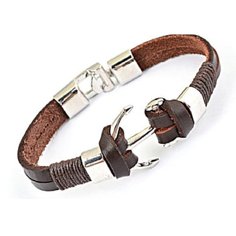 Men Bracelet - Stainless Steel Anchor on Cow Leather Bracelet - 3just3