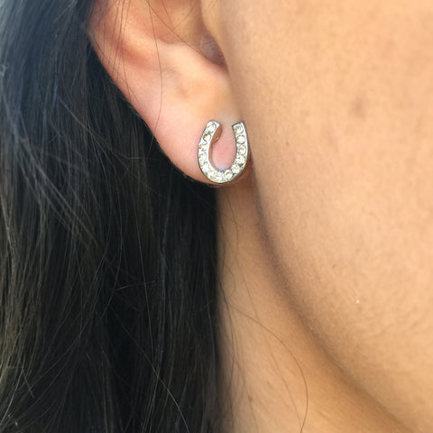 Earrings - Silver Crystal Horsehoe Studs - 3just3
