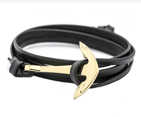 Men Bracelet - Black Leather Anchor Wrap Bracelet - 3just3