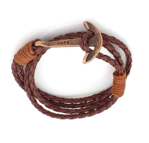 Men Bracelet - Gold Anchor Brown Rope Bracelet