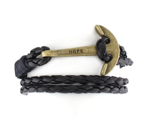 Men Bracelet - Gold Hope Anchor Black Rope Bracelet
