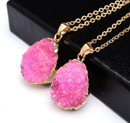 Necklaces - Pink Raw Stone on Gold Plated Necklace - 3just3