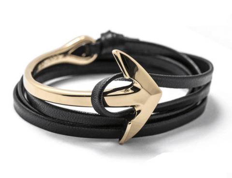 Men Bracelet - Gold Anchor Black Wrap Bracelet