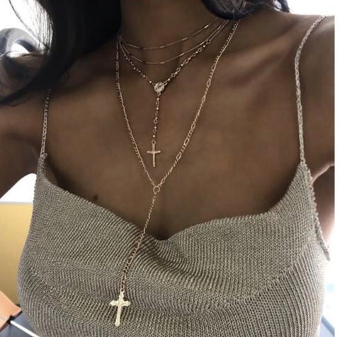 Necklace - Gold Double Cross Layered Necklace