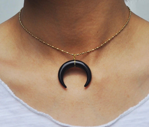 Necklace - Beaded Onyx Half Moon Crescent Necklace