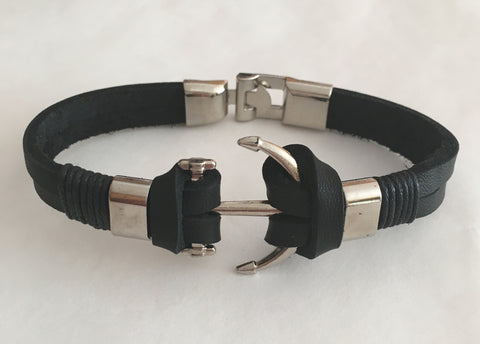 Men Bracelet - Black Leather Anchor Bracelet - 3just3